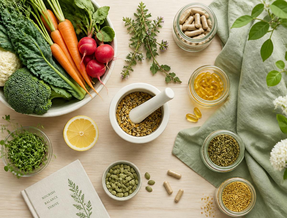 Alimentación natural y suplementos sobre mesa de madera